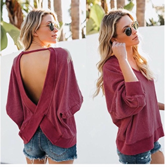 BTFBM Tops - NWT Wine Red Open Back Loose Long Sleeve Shirt